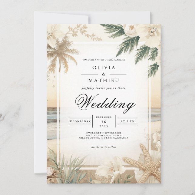 Coastal Floral Beach Romance Wedding Invitation (Front)