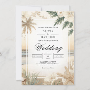 Coastal Floral Beach Romance Wedding Invitation