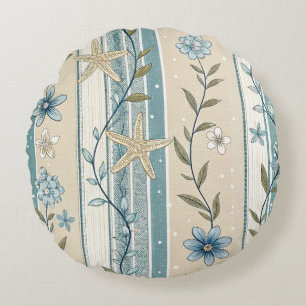 Coastal Floral Stripe Aqua Beige Elegance Design Round Cushion