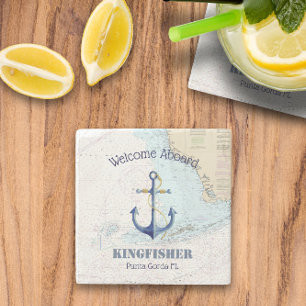 🌊 Coastal Florida Boat Name Welcome Aboard Stone Coaster