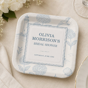 Coastal French Toile Blue Floral Bridal Shower Paper Plate