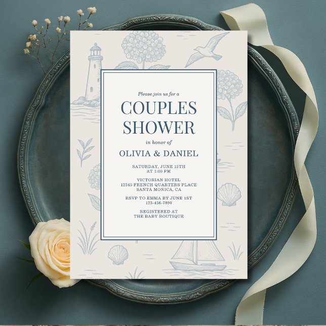 Coastal French Toile Blue Floral Couples Shower Invitation (Creator Uploaded)