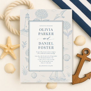 Coastal French Toile Blue Floral Wedding Invitation
