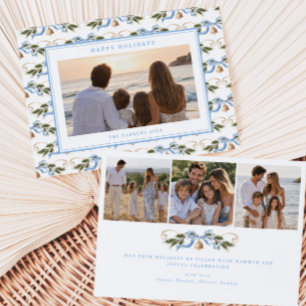Coastal Garland Blue Gold Pattern Photo Holiday Card