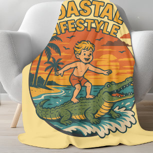 Coastal Gator Alligator Surfing   Retro Surf Beach Fleece Blanket