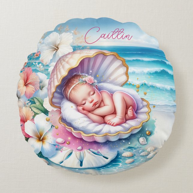 Coastal Girl's Baby Shower Personalised Round Cushion (Front)