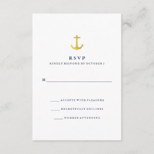 Coastal Glamour Gold Anchor and Navy Blue RSVP Card