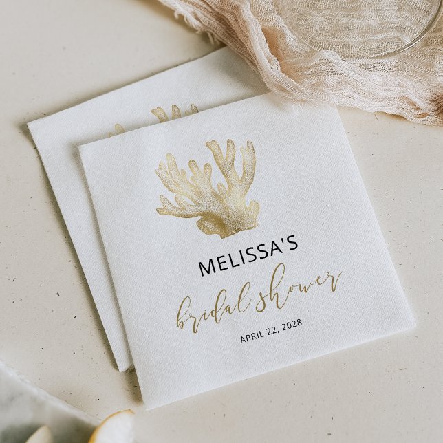 Coastal Gold Sea Coral  Black Bridal Shower Napkin (Creator Uploaded)