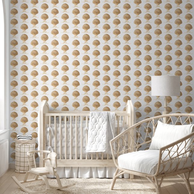 Coastal Gold Seashell & Bow Nautical Wallpaper (Kids)