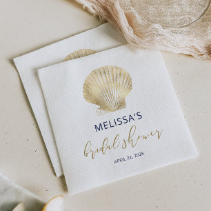 Coastal Gold Seashell Navy Blue Bridal Shower Napkin