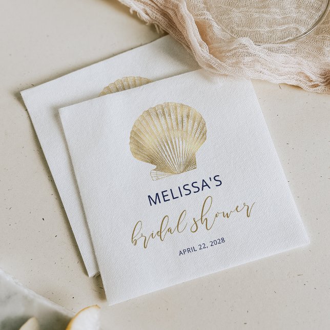 Coastal Gold Seashell Navy Blue Bridal Shower Napkin (Creator Uploaded)