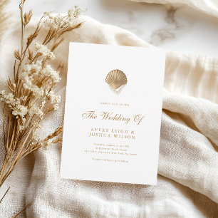 Coastal Gold Seashell & Pearls Beach Wedding Invitation