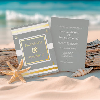 Coastal Gold White Grey Stripes Nautical Wedding