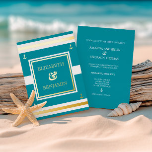 Coastal Gold White Teal Stripes Nautical Wedding