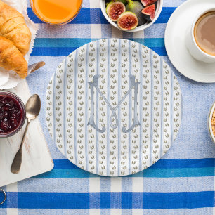 Coastal Grandmillenial Crab Stripes Monogram Paper Plate