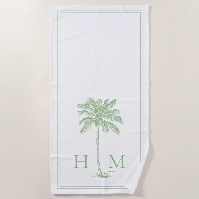 Coastal Green and White Palmetto Palm Monogram Beach Towel (Front)