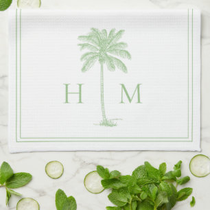 Coastal Green and White Palmetto Palm Monogram Tea Towel