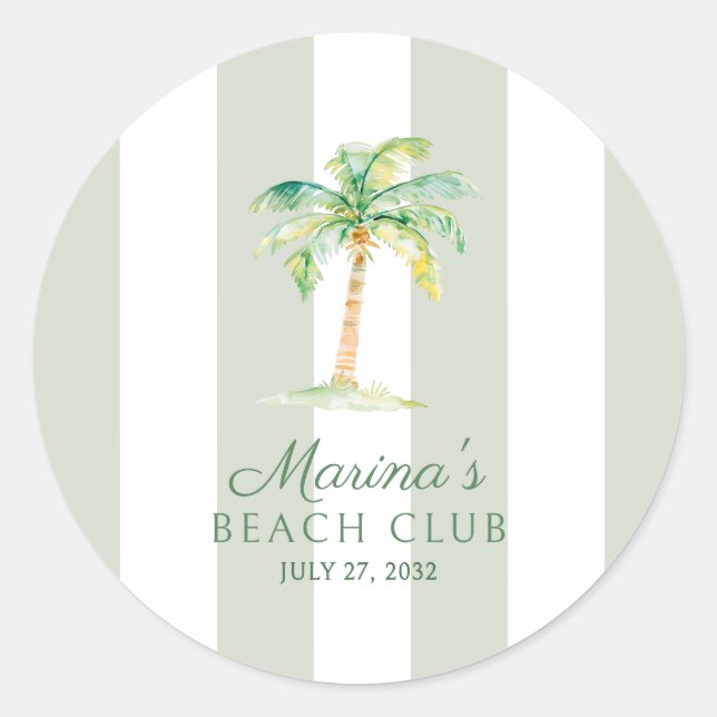 Coastal Green Cabana Stripes Palm Beach Club Classic Round Sticker (Front)