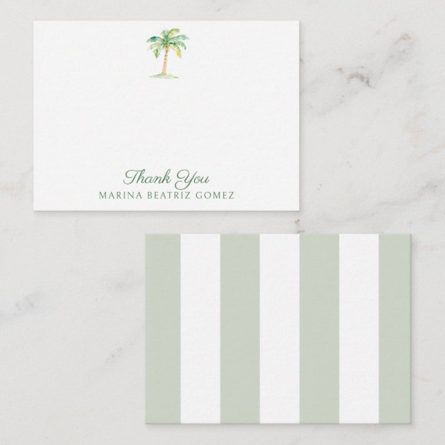 Coastal Green Cabana Stripes Palm Tree Thank You Card (Front/Back)