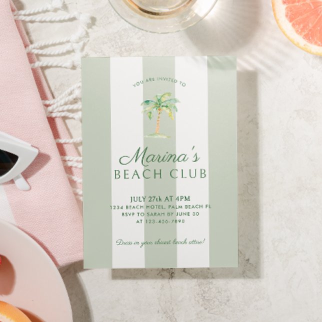 Coastal Green Stripes Palm Beach Club Birthday Invitation (Creator Uploaded)