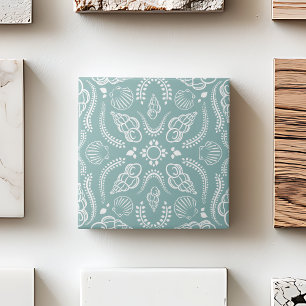 Coastal Green & White Seashell Modern Pattern Ceramic Tile