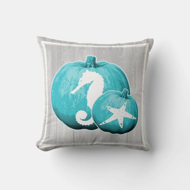 Coastal Grey Wood & Blue Beach Pumpkins Cushion (Front)