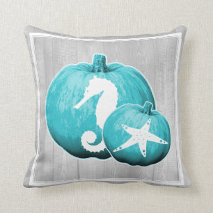 Coastal Grey Wood & Blue Beach Pumpkins Cushion