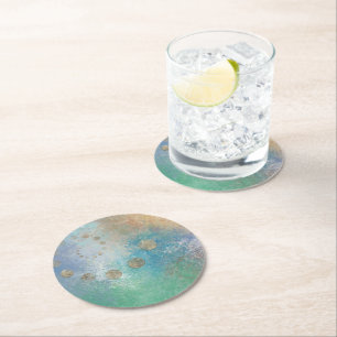 Coastal Grunge Blue and Green Watercolor Gold Round Paper Coaster