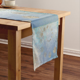 Coastal Grunge Blue and Green Watercolor Gold Short Table Runner