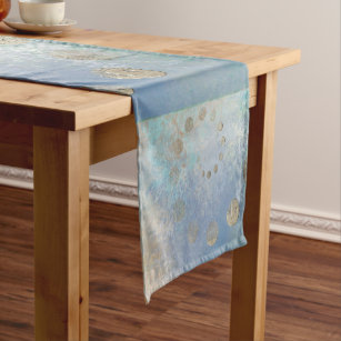 Coastal Grunge   Blue and Green Watercolor Gold Short Table Runner