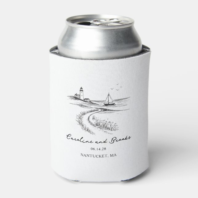 Coastal Hand Drawn Black & White Wedding Can Cooler (Can Front)