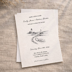 Coastal Hand Drawn Black & White Wedding Invitation