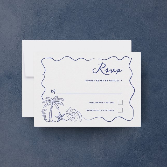 Coastal Hand Drawn Palm Seashell Beach Wedding  RSVP Card (Creator Uploaded)