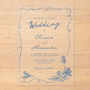 Coastal Hand Drawn Whimsical Lighthouse Wedding  Acrylic Invitations