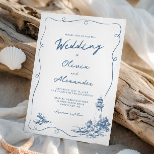 Coastal Hand Drawn Whimsical Lighthouse Wedding  Invitation