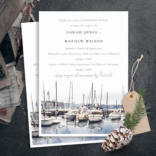 Coastal Harbour Boats Seascape Rehearsal Dinner Invitation (Creator Uploaded)