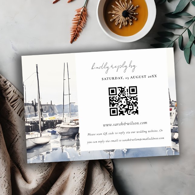 Coastal Harbour Boats Seascape Wedding QR Code RSV Enclosure Card (Creator Uploaded)