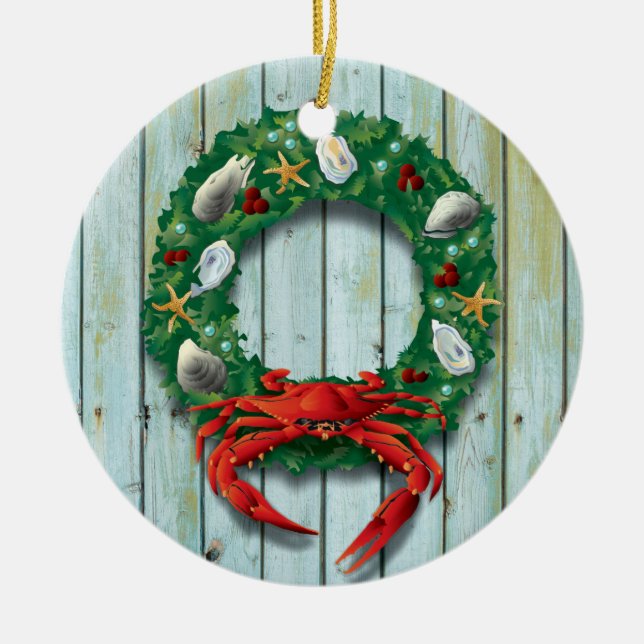 Coastal Holiday Crab Wreath Ceramic Ornament (Front)