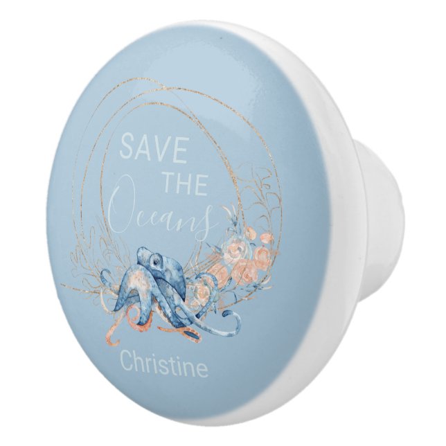 Coastal Home blue watercolor Octopus custom name   Ceramic Knob (Right)