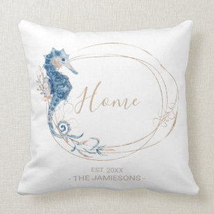 Coastal Home blue watercolor Seahorse custom Cushion