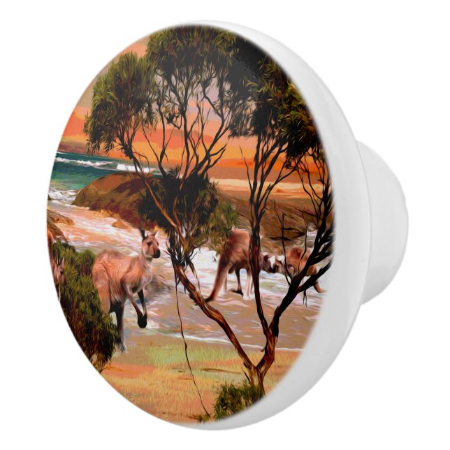 "Coastal Hops: Kangaroos on the Shore in Oil" Ceramic Knob (Right)