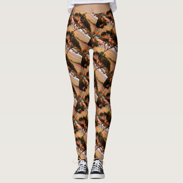 "Coastal Hops: Kangaroos on the Shore in Oil" Leggings (Front)