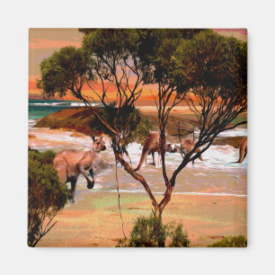 "Coastal Hops: Kangaroos on the Shore in Oil" Magnet