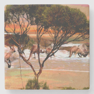 "Coastal Hops: Kangaroos on the Shore in Oil" Stone Coaster