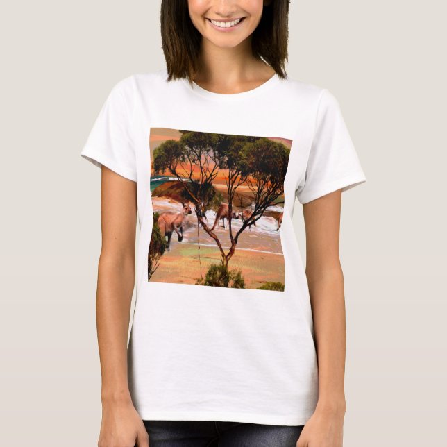 "Coastal Hops: Kangaroos on the Shore in Oil" T-Shirt (Front)