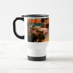 "Coastal Hops: Kangaroos on the Shore in Oil" Travel Mug
