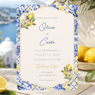 Coastal Italian Mediterranean Tile Lemon Wedding Holiday Card