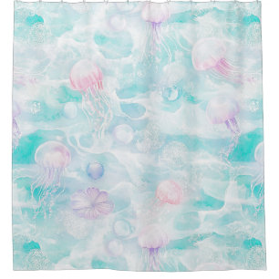 Coastal Jellyfish Watercolor Pattern Shower Curtain