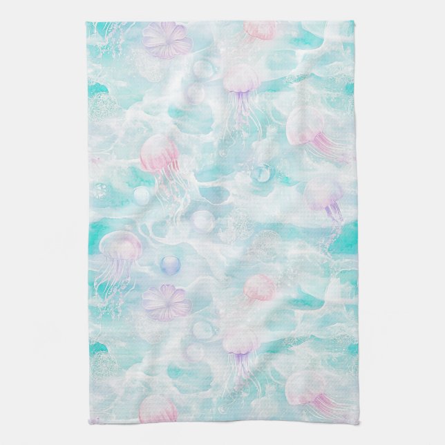 Coastal Jellyfish Watercolor Pattern Tea Towel (Vertical)