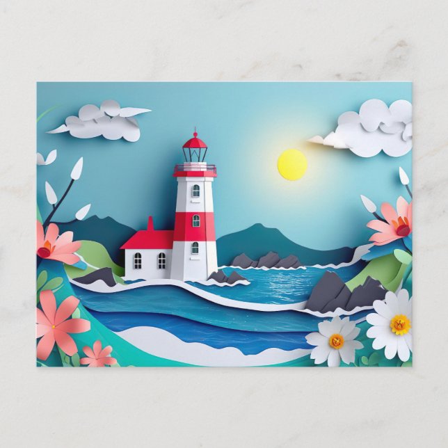 coastal landscape with a lighthouse papercut style postcard (Front)